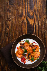 Wall Mural - Baked sweet potatoes with Greek yogurt, healthy vegetarian meal