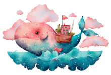 Whale In Ocean With House On The Back Watercolor Fantasy Blue And Pink Illustration