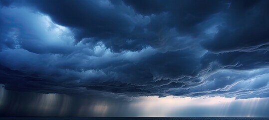 Wall Mural - Nature fury. Dramatic storm unleashing power over darkened ocean featuring stormy sky rain laden clouds and threatening beauty of waves crashing against horizon