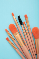 Wall Mural - Professional female cosmetics brushes for makeup and eyelash brush on blue background. Cosmetics concept, make up concept