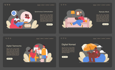 Poster - Digital Teamworks concept. Diverse virtual collaboration and management depicted across telecommuting, remote work, and digital tools. Cohesive teamwork in the digital era. Flat vector illustration