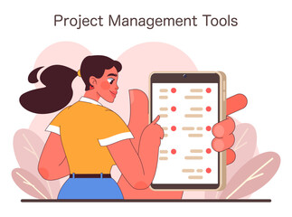 Poster - Digital Teamwork concept. A professional with a tablet showcases project management tools. Seamless organization and task tracking in business. Flat vector illustration