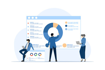 Business analysis concept, SEO optimization infographics, Business people looking for seo analysis dashboard, Financial report, Statistics, Financial Research, Marketing, Flat vector illustration.