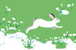 The concept of the arrival of spring and the awakening of nature after winter. Melting snow, snowdrops and a hare running on the green grass. Vector illustration. Flowers sprout through the snow.
