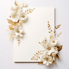 solemn white card for congratulations with luxurious white and gold flowers. Mockup for filling