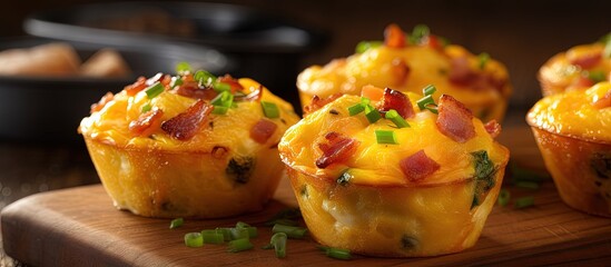 Leinwandbilder - Breakfast on the go idea Bacon and cheddar egg muffins recipe copy space image