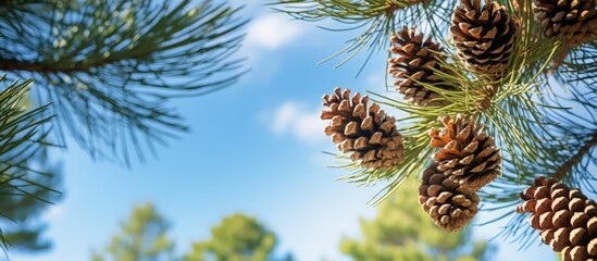 Poster - Closeup of a white pine tree with pine cones in a natural forest setting located in a state park surrounded by blue sky and woods copy space image