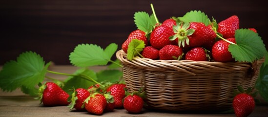 Poster - Closeup of strawberry basket on wooden table with twigs and leaves copy space image