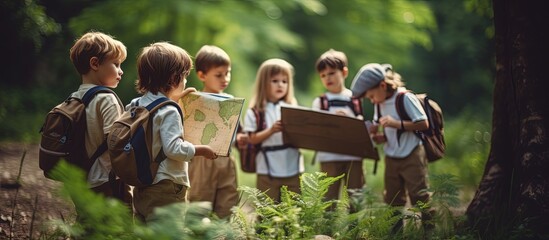 Poster - Children s birthday party with kids on a scavenger hunt in nature equipped with clipboards copy space image