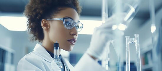Poster - African scientist in lab testing chemicals for future development copy space image