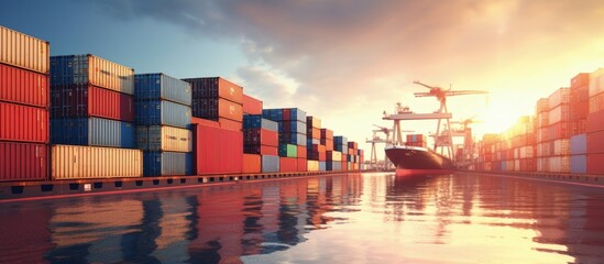 Poster - Cargo shipping of containers on a vessel contributes to the international economy and global market copy space image
