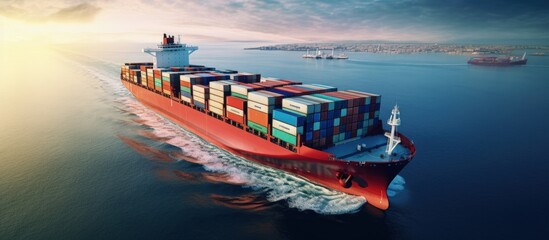 Poster - Container ship transporting global cargo worldwide viewed from the air copy space image