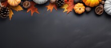 Autumn Themed Flat Lay With Pine Cones Pumpkins Dried Leaves And A Pumpkin Latte On A Dark Grey Stone Surface Top View Copy Space Copy Space Image