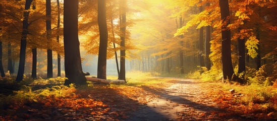 Poster - Colorful autumn forest with sunny background copy space image