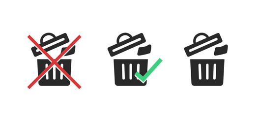 Poster - Forbidden trash to throw to dustbin icon pictogram vector graphic set, dont allowed permitted waste garbage bin, dumpster with removed deleted junk green checkmark and do not red cross sign image
