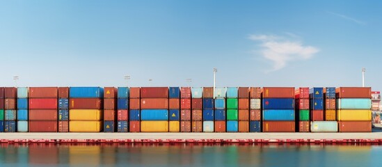 Poster - Bird s eye view of numerous containers aboard a ship transporting cargo globally copy space image
