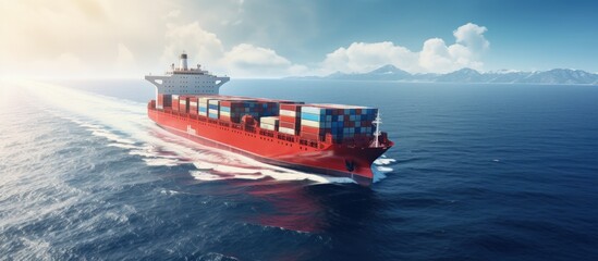 Poster - Container ship transporting global cargo worldwide viewed from the air copy space image