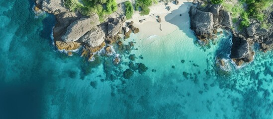 Aufkleber - Aerial drone photo of small island with limestone and emerald sea copy space image