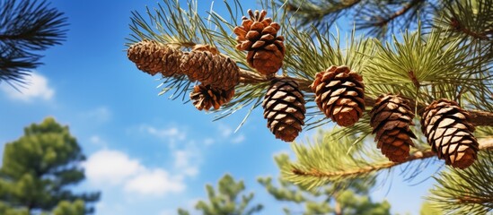 Poster - Closeup of a white pine tree with pine cones in a natural forest setting located in a state park surrounded by blue sky and woods copy space image
