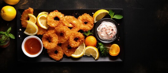 Leinwandbilder - Classic deep fried schnitzel with lemon and onion on a black tray copy space image