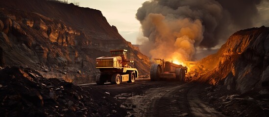 Poster - Coal mining uses mining machinery to extract coal from the ground for industrial use in thermal power plants copy space image