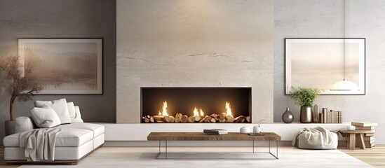Poster - Beautiful modern living room with a fireplace inside copy space image