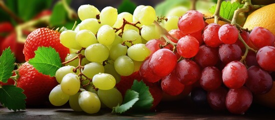Poster - Close up of fresh ripe green grapes strawberries and tangerines copy space image