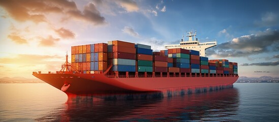 Poster - Container ship transporting global cargo worldwide viewed from the air copy space image