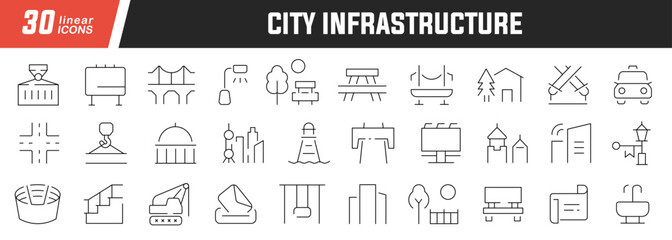 Poster - City infrastructure linear icons set. Collection of 30 icons in black