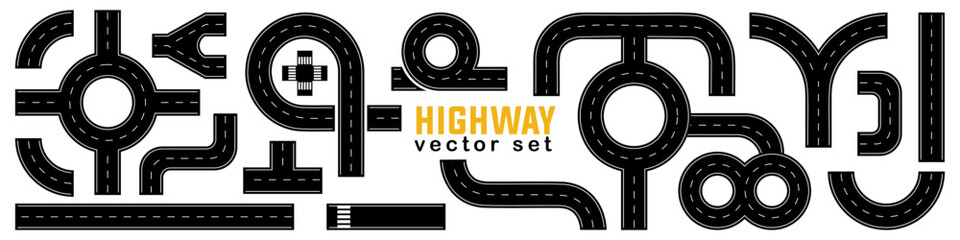 Poster - Set of highway road element in a flat design. City road and highway top view. Street and road with footpaths and crossroads