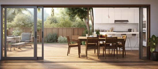 Aufkleber - A wood floored dining room with sliding glass doors leading to a backyard patio featuring an outdoor kitchen copy space image