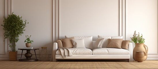 Poster - Brown and white living room with hardwood floor copy space image