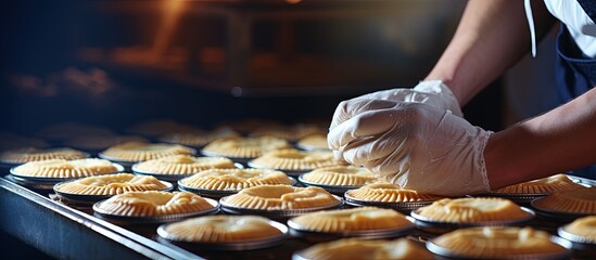 Chef s hands fill a small pie Raw baked goods rest on a metal baking sheet in a bakery Pie and flour products made copy space image