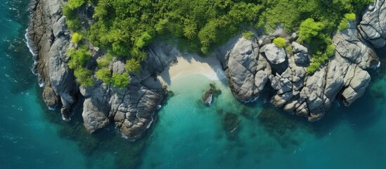 Aufkleber - Aerial drone photo of small island with limestone and emerald sea copy space image