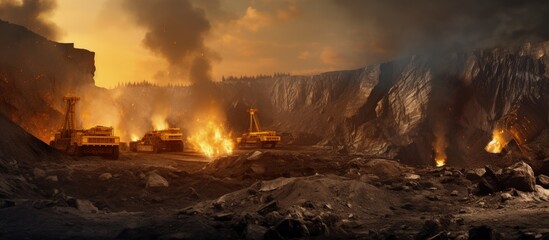 Poster - Coal mining uses mining machinery to extract coal from the ground for industrial use in thermal power plants copy space image