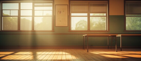 Poster - Afternoon sunlight casting shadows through classroom window copy space image