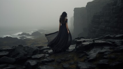 Canvas Print - A woman in a long black dress standing on rocks