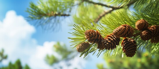 Poster - Closeup of a white pine tree with pine cones in a natural forest setting located in a state park surrounded by blue sky and woods copy space image