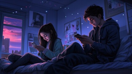 Canvas Print - Two people sitting on a bed looking at their phones