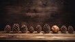 A series of neatly aligned pine cones on a wooden table, capturing a rustic feel.