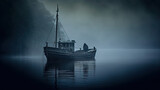 Fototapeta Kuchnia - A Fishing Boat on The Water Through a Misty Cloudy and Foggy Night Background