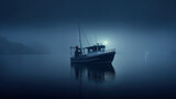 Fototapeta Kuchnia - A Fishing Boat on The Water Through a Misty Cloudy and Foggy Night Background