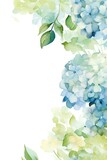 Exquisite wedding invitation with a watercolor floral design featuring pastel blue and ivory hydrangeas with copy space