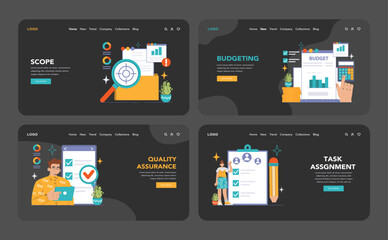 Poster - Project Management set. Detailed stages of execution from scope to milestone achievement. Efficient team, budget control, timelines, and quality checks. Flat vector illustration