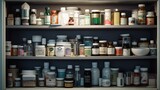 Fototapeta Paryż - A well-stocked medicine cabinet with essential healthcare items and neatly arranged medications.