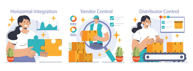 Poster - Vertical integration set. Company's supply chain optimization and control. Business strategy from manufacturing to sales. Optimized production flow, effectiveness and quality. Flat vector illustration