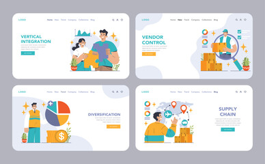 Poster - Vertical integration web or landing set. Company's supply chain optimization and control. Business strategy from manufacturing to sales. Optimized production flow. Flat vector illustration