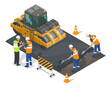 Road building construction site engineer work with worker and yellow Double Drum roller cartoon isometric isolated