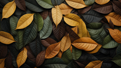 Wall Mural - Illustration of leaves in green, brown, and white colors