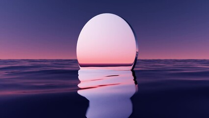 Wall Mural - wave sea beach and round mirror on sunset sky abstract background. nature and summer concept. 3d ren